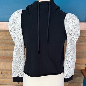 Alice + Olivia Black Hoodie with White Lace Sleeves